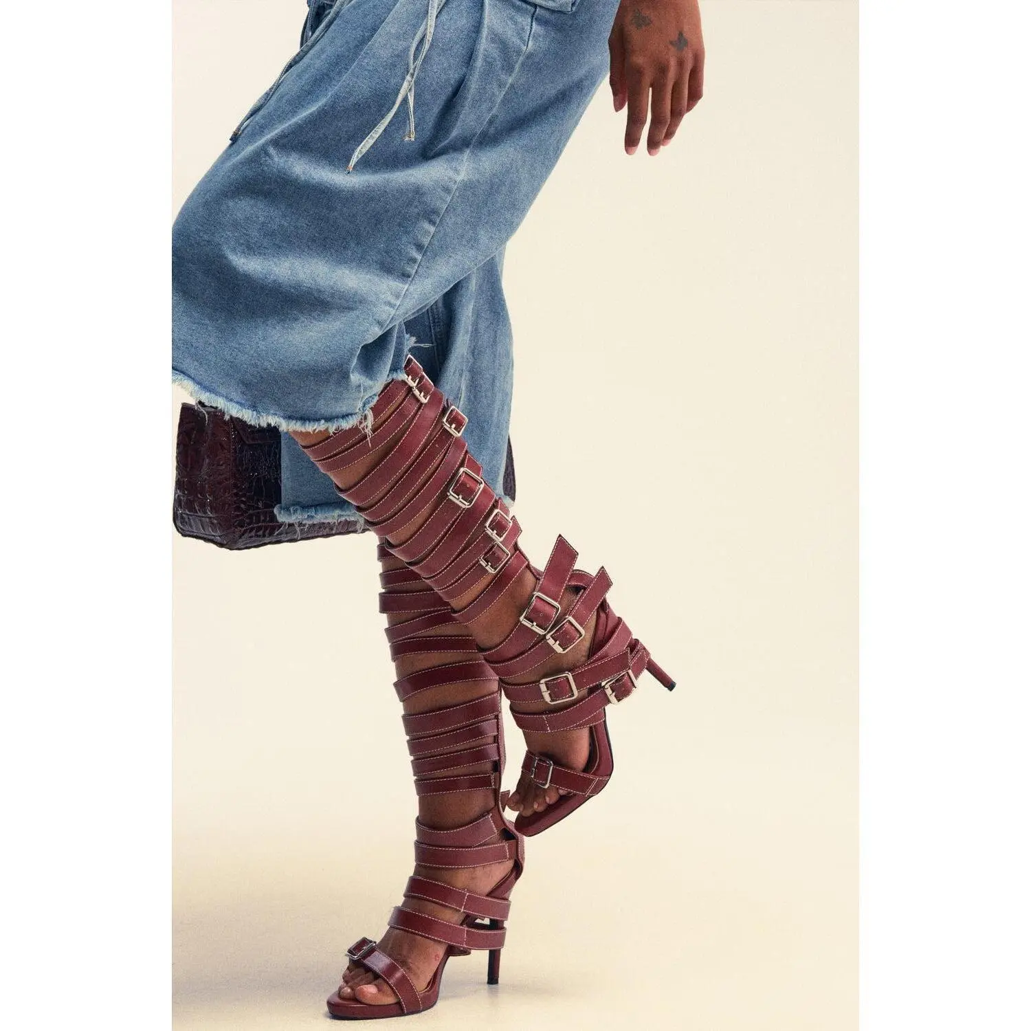 AZALEA WANG STITCH BROWN PU HARDWARE EMBELLISHED STILETTO SANDAL
