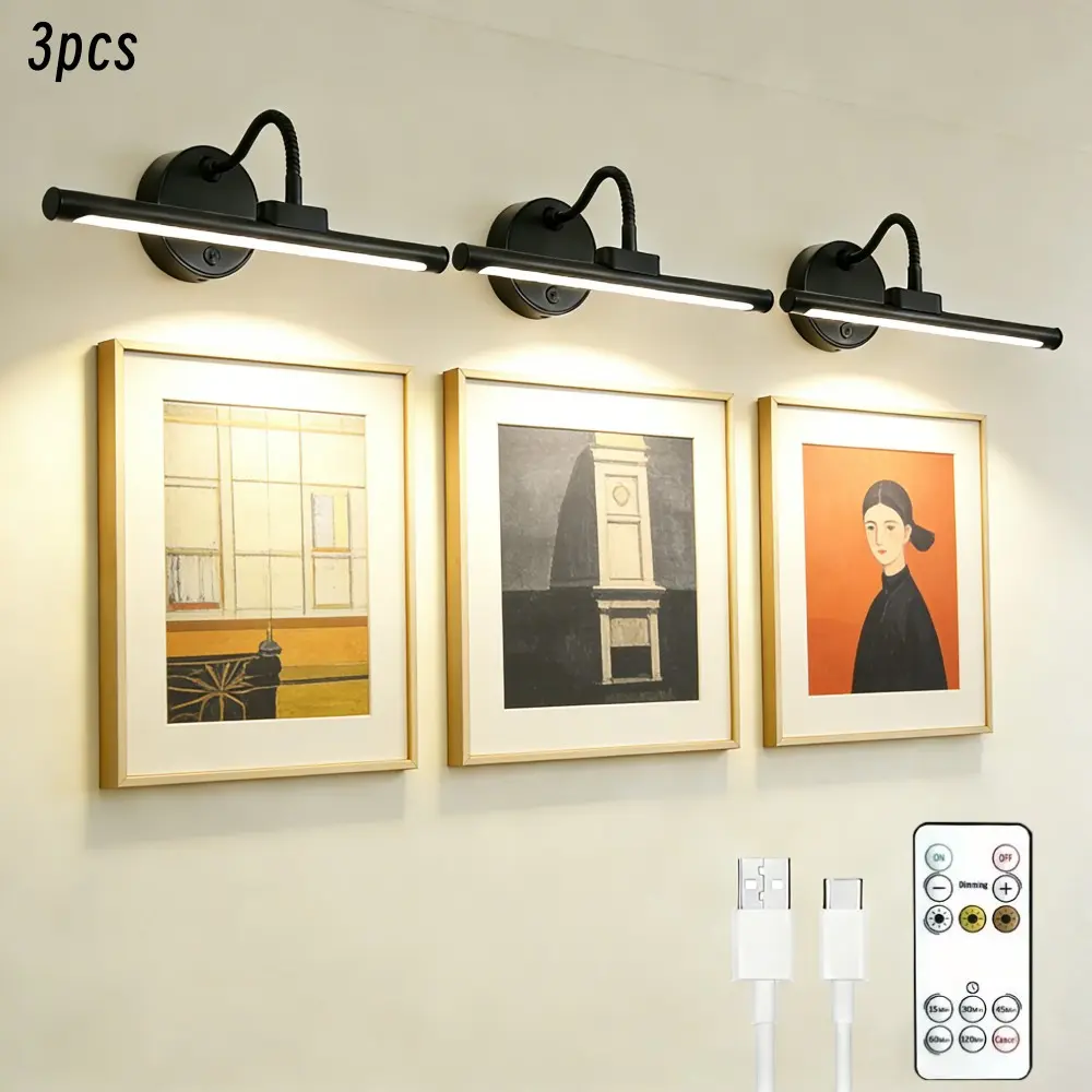 3pcs Remote-Controlled Wall-Mounted LED Artwork Lights, Portable USB Rechargeable Picture Lights with Timer & Three Color Temperatures