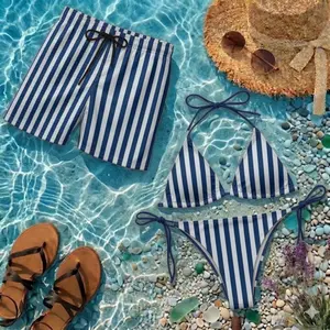 Couple Striped Bikini Set and Hawaiian Shorts, Summer Matching Outfit, Pool Party Outfit, Beach Vacation Swimwear For Couples, Style Tropical Beachwear Set, String Bikini & Swim Trunks, Honeymoon Bathing Suits