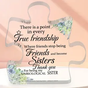 Flower & Letter Pattern Puzzle Shaped Acrylic Plaque, Creative Transparent Block Puzzle Acrylic Plaque, Friendship Gift for Sister, Decoration Items, Pastel