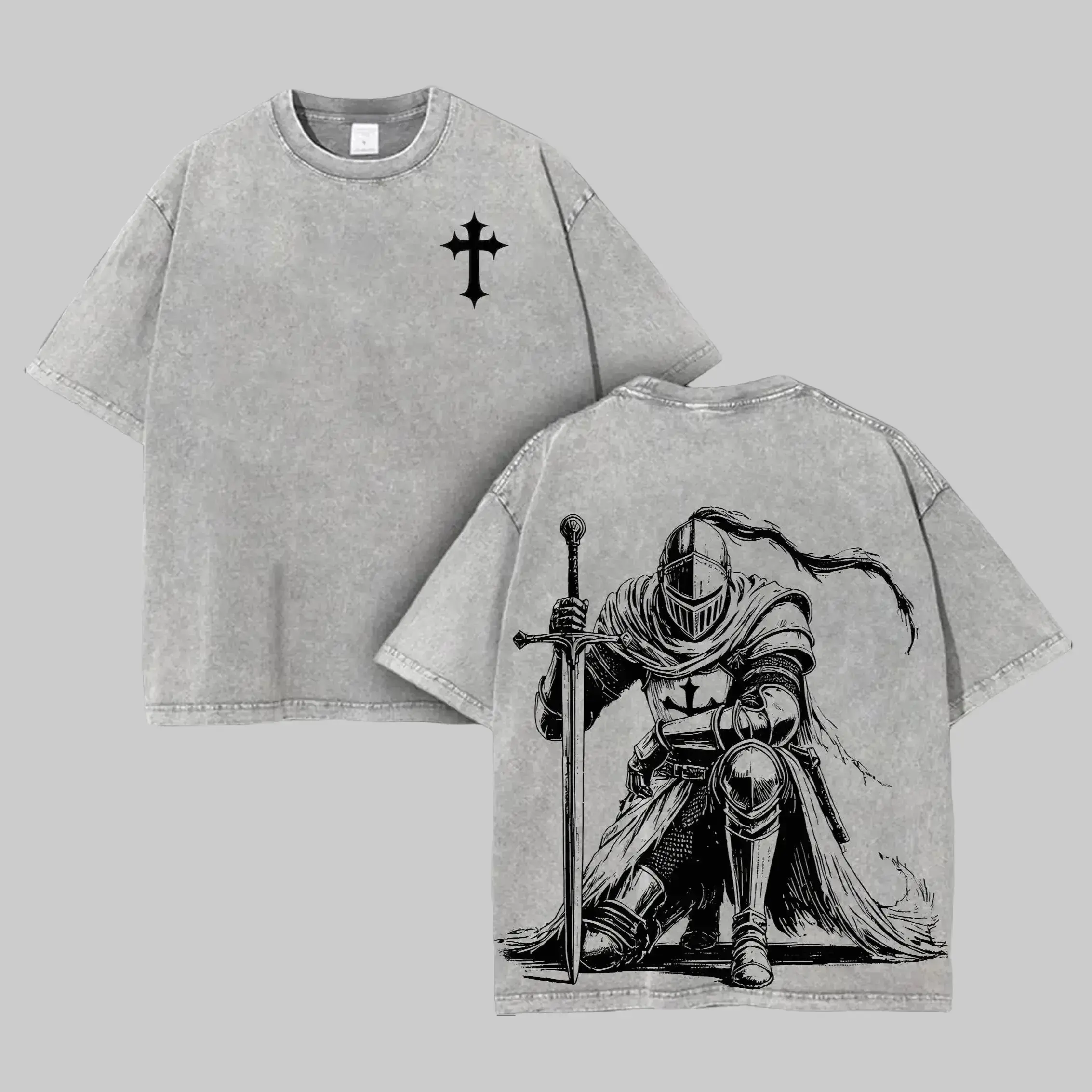 Men's Crusader Knight Graphic Oversized T-Shirt - Vintage Washed Heavyweight Cotton Streetwear, Round Neck, Seamless Rib Collar, Baggy, Retro, Free Expedited Shipping