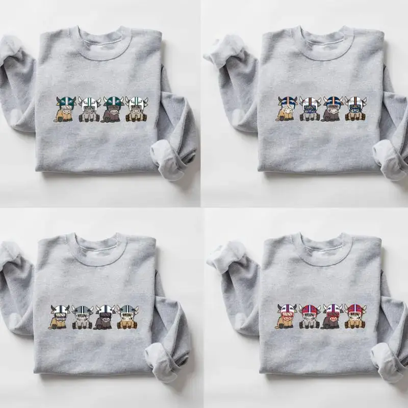 Unisex Fit Vintage 90s All Team Football Highland Cow Sweatshirt - 1960s Game Day Long Sleeve Shirt, Graphic Long Sleeves, Distressed Art, Retro Vibe, Sport Grey Menswear Fan Gift