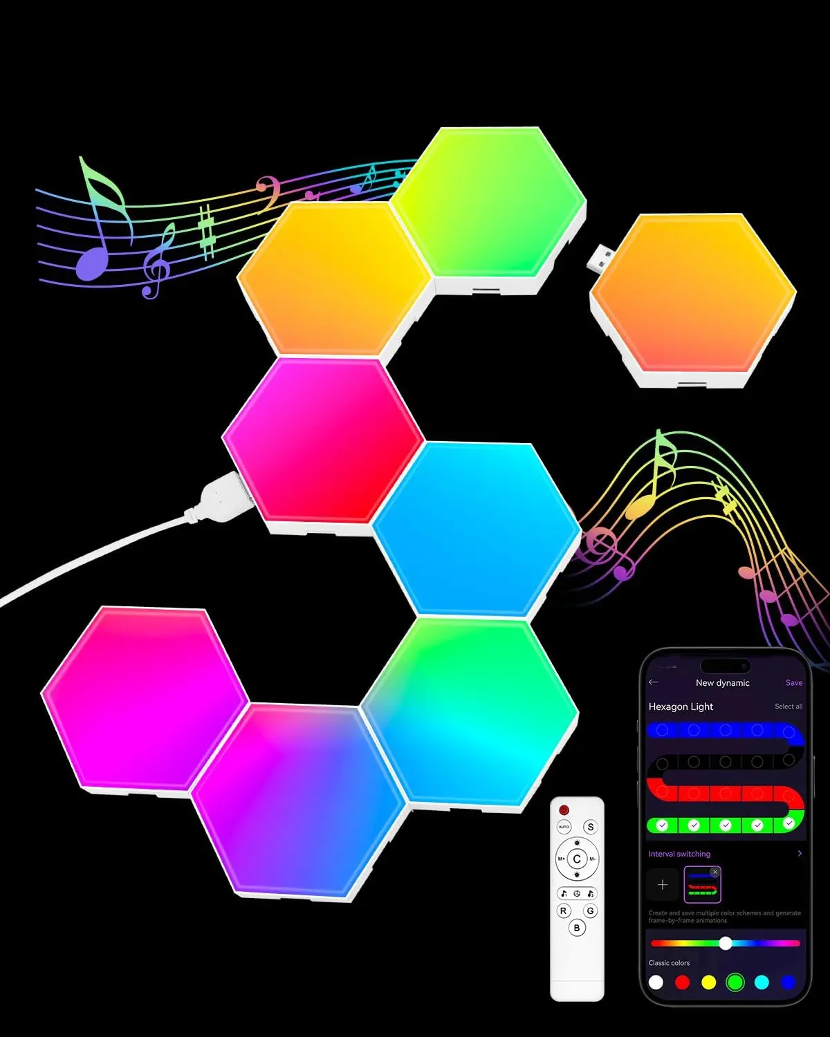 8-Pack RGB Hexagon Plastic LED Light Panels - Music Sync, App & Remote Control, DC Power Supply Modular Wall Decor for Room Decor, Living Room, Christmas Accent