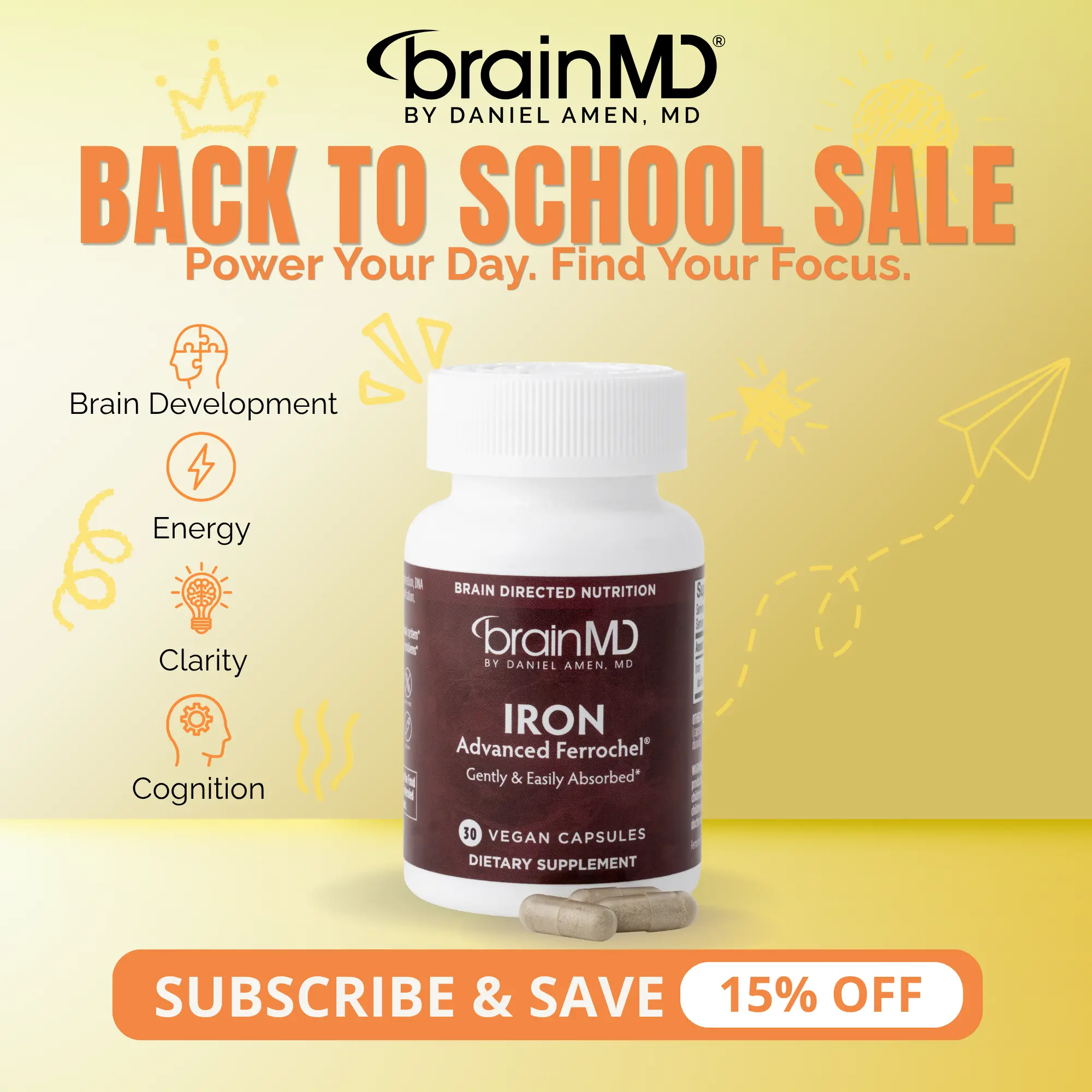 Iron | BrainMD | 30 Capsules | Energy & Cognitive Function Support | Immune, Focus & Gentle Digestive Support | Ferrochel Ferrous Bisglycinate Chelate