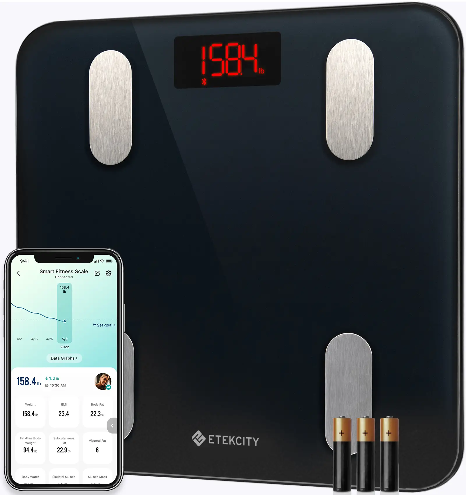 Etekcity Smart Digital Body Weight Scale, Composition Analyzer, Measures Fat, BMI, Muscle, Bluetooth, Accurate Weighing Tool, 400lb, Healthcare