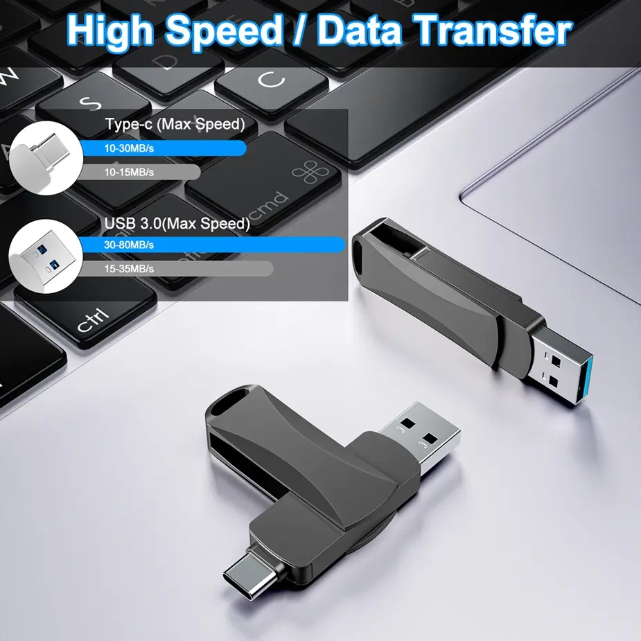 USB C Flash Pen Drive, 2 in 1 USB 3.0 Type C Dual OTG Metal Thumb Drive Jump Drive Memory Stick with Keychain Suitable for USB-C Smartphones, MacBook, Computers and Tablets
