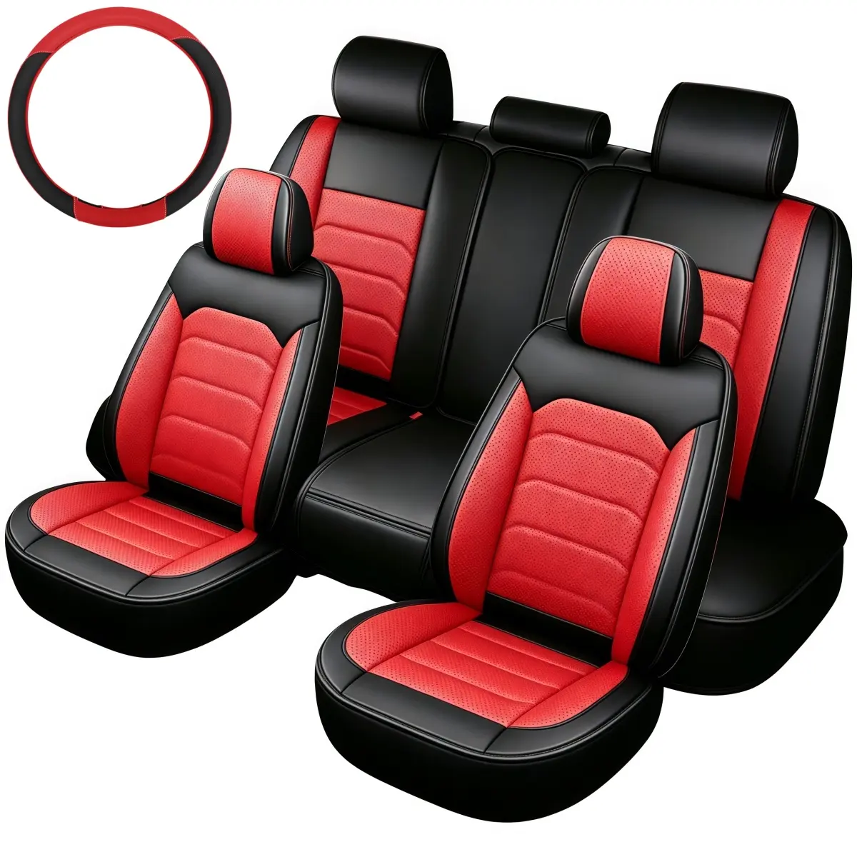 For Cadenza / Forte / K5 / K900 / Niro / Optima / Rio / Soul / Sportage Car 5 Seat Covers with Steering wheel Cover & Storage Pockets Bag, Waterproof PU Leather Front Rear Cushion Mat Full Set