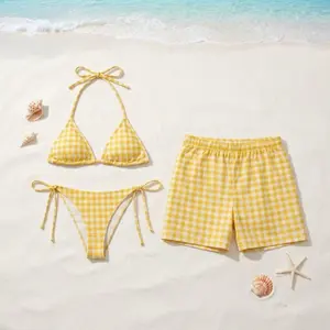 [HOT SUMMER 2026] Yellow Gingham Matching Couple Swimwear Set – Classic Checkered Bikini & Board Shorts, Romantic Beach Vacation Outfit