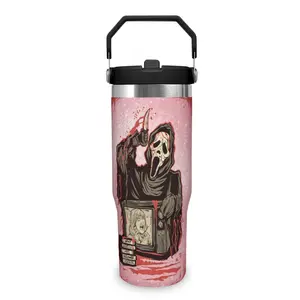 Ghost Face 30oz Tumbler with Handle & Straw Lid Leakproof Insulated Stainless Steel Mug Hot Cold Retention for Daily Hydration Portable Reusable Back to School & Movie Lovers Gift Summer Eco-Friendly Water Bottle