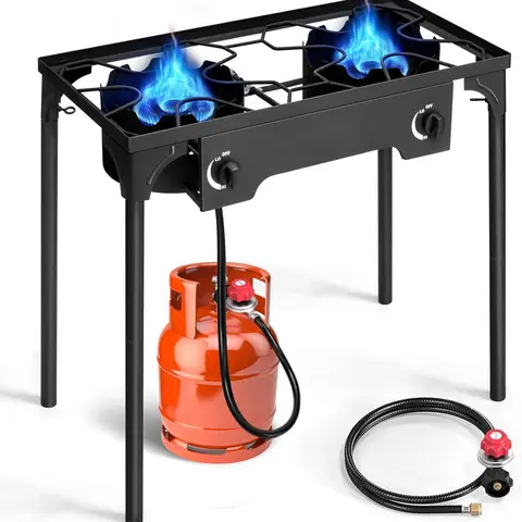 Outvita 150,000 BTU Output Perfect Double Burner Propane Portable Gas Stove - Cast Iron Build, Sturdy Frame, Removable Legs, Temperature Control Knobs, Outdoor Cooking Supplies for Tailgates, Trucking