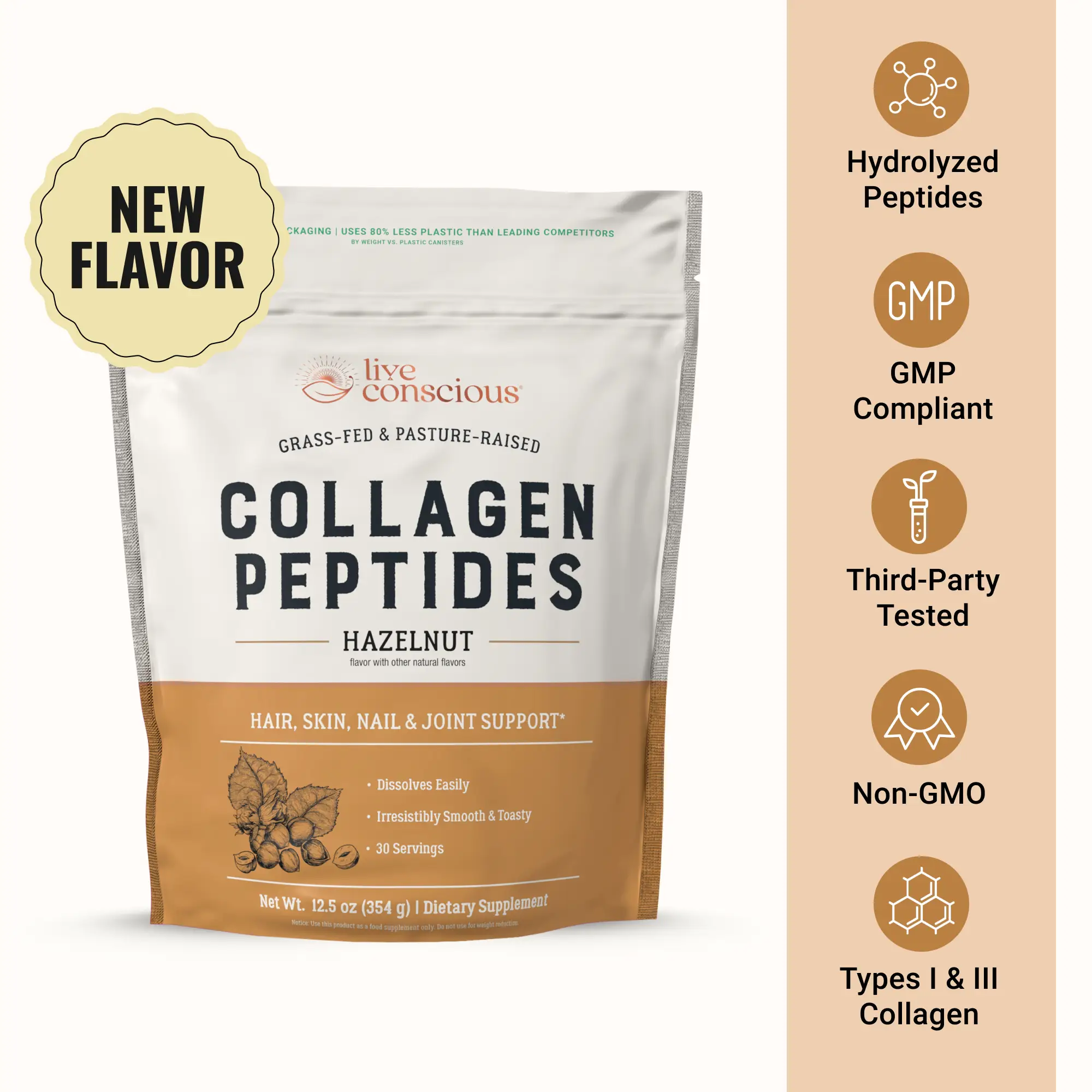 Live Conscious Collagen Peptides Powder - Naturally-Sourced Type I & III Hydrolyzed Bovine Collagen - For Hair, Skin, Nail & Joint Support