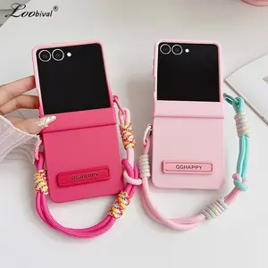 Double Color Contrast Lanyard Matte Case for Samsung Galaxy Z Flip 7 6 5 4 3 Zflip Hand Wrist Strap Bracket Stand Hard PC Cover