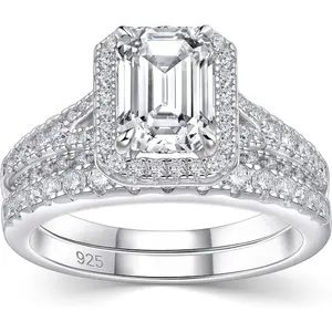 S925 Sterling Silver 2CT Emerald Cut Halo Moissanite Bridal Set, Elegant Engagement & Wedding Ring Set engagementrings Hypoallergenic
