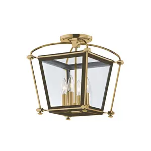 Hollis Semi-Flush Ceiling Light With Curved Metalwork & Clear Glass Panes In Aged Brass or Polished Nickel