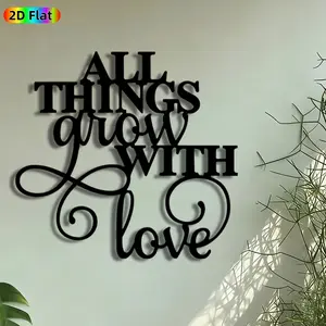 1pc "All Things Grow With Love" Quote Metal Wall Art, Inspirational Typography Statue Mural, Artistic Wall Sign, Perfect for Valentines Day, Anniversary Decor, Perfect for Living Room Bedroom Garden Fence Decor, Ideal Gift for Positive Quote Enthusiasts.