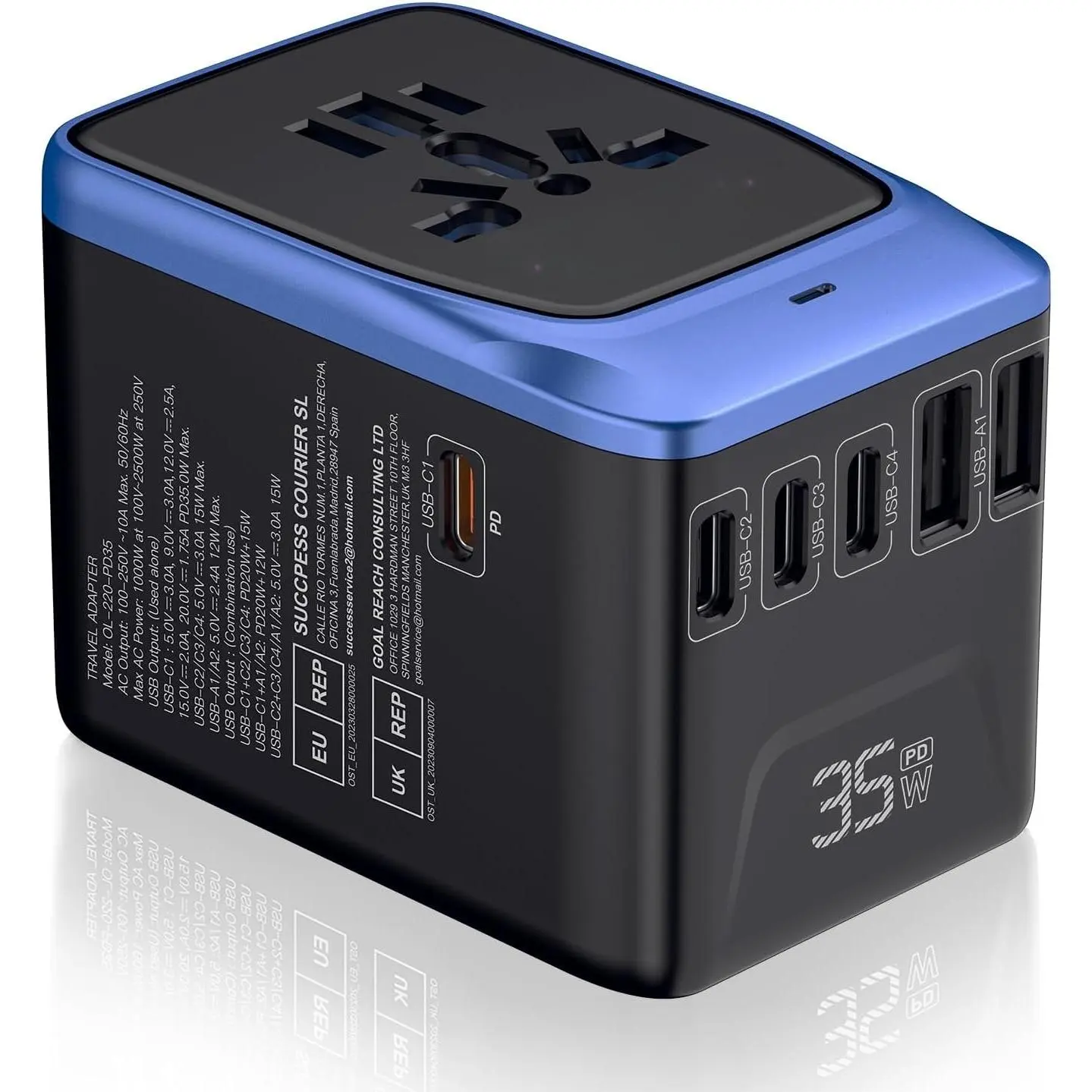 F-APT05 Universal Travel Power Adapter - 35W PD 7-in-1 Fast Charger with 7.0A 4 USB-C, 2 USB-A Ports for Smartphone, Cellphone, Android, Electronic Device (US, Europe, UK, AUS Outlets, Black+Blue), Charging, Mobile, Usb Type-A