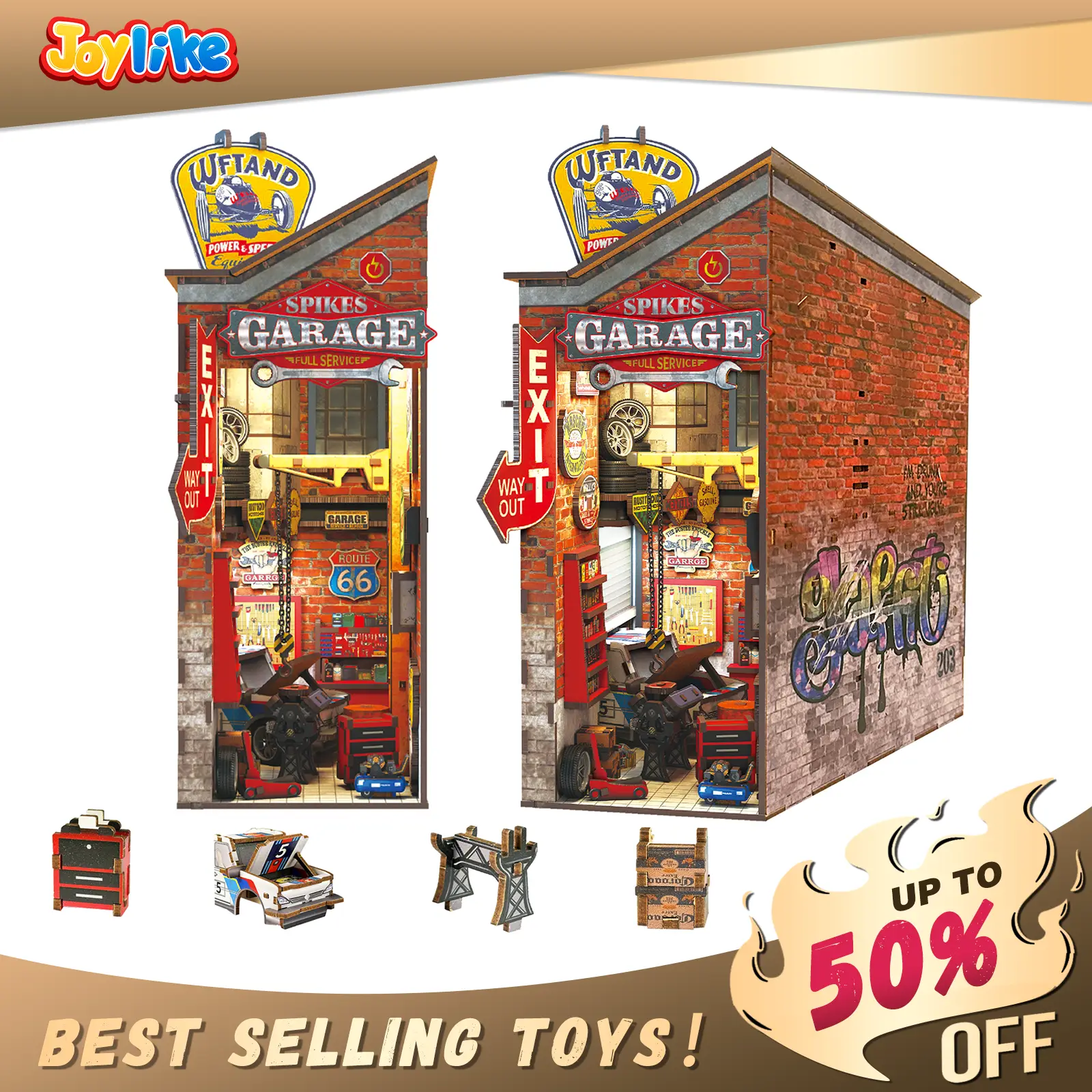 JOYLIKE 3D Wooden Garage Puzzle Miniature Book Nook Kits for Adults Teen, Book Nook Kit DIY Dollhouse, Bookshelf Insert Decor with Sensor LED Light, P