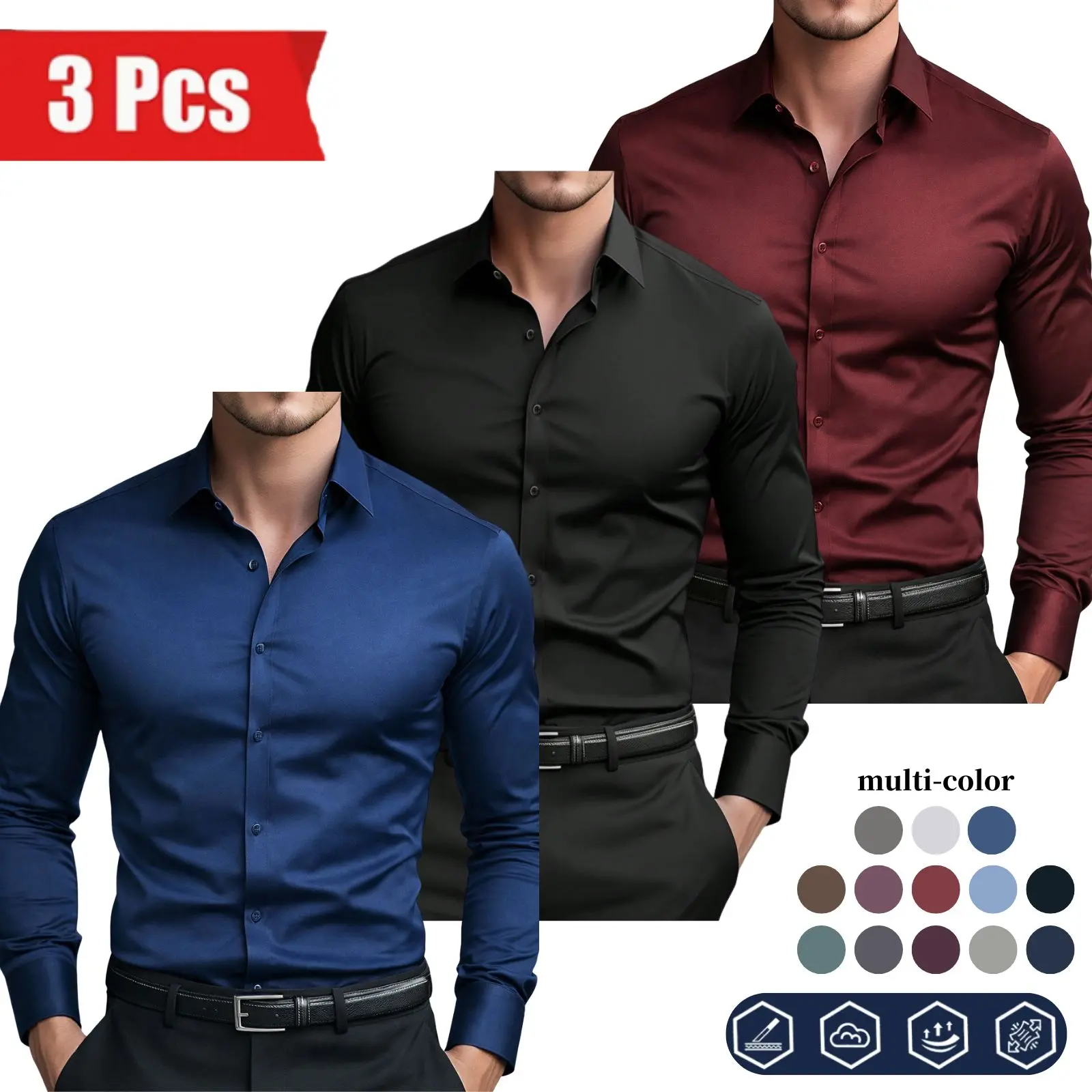 3-Pack Solid Color Turn-Down Collar Long Sleeve Business Dress Shirts for Men, Simple Single-Breasted Design, Slim Fit, Multiple Colors