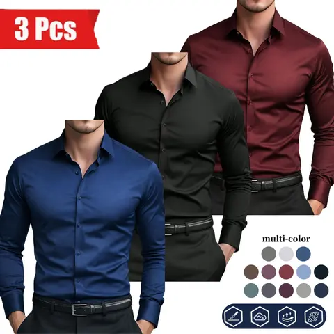 Men's 3-Pack Slim-Fit Long Sleeve Business Shirts, Solid Color, Turn-Down Collar, Single-Breasted, Button Closure, Chic Casual (Menswear Collection)