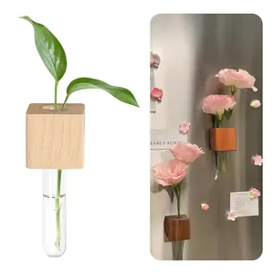 2 PCS Mini Vase Magnets for Fridge, 3D Magnetic Wooden Wall Vase Holders with Test Tube, Magnetic Attachment Hard no Falling, Modern Home，for Kitchen, Refrigerator, Bedroom, Storage, Office Decorations