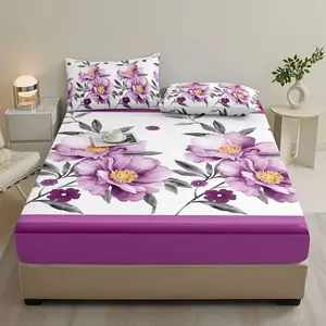 3-Piece Set 100% Polyester Flannel Peony Print Bedding, Soft Comfortable Fitted Sheet & Pillowcases (sheet + Two Pillows)