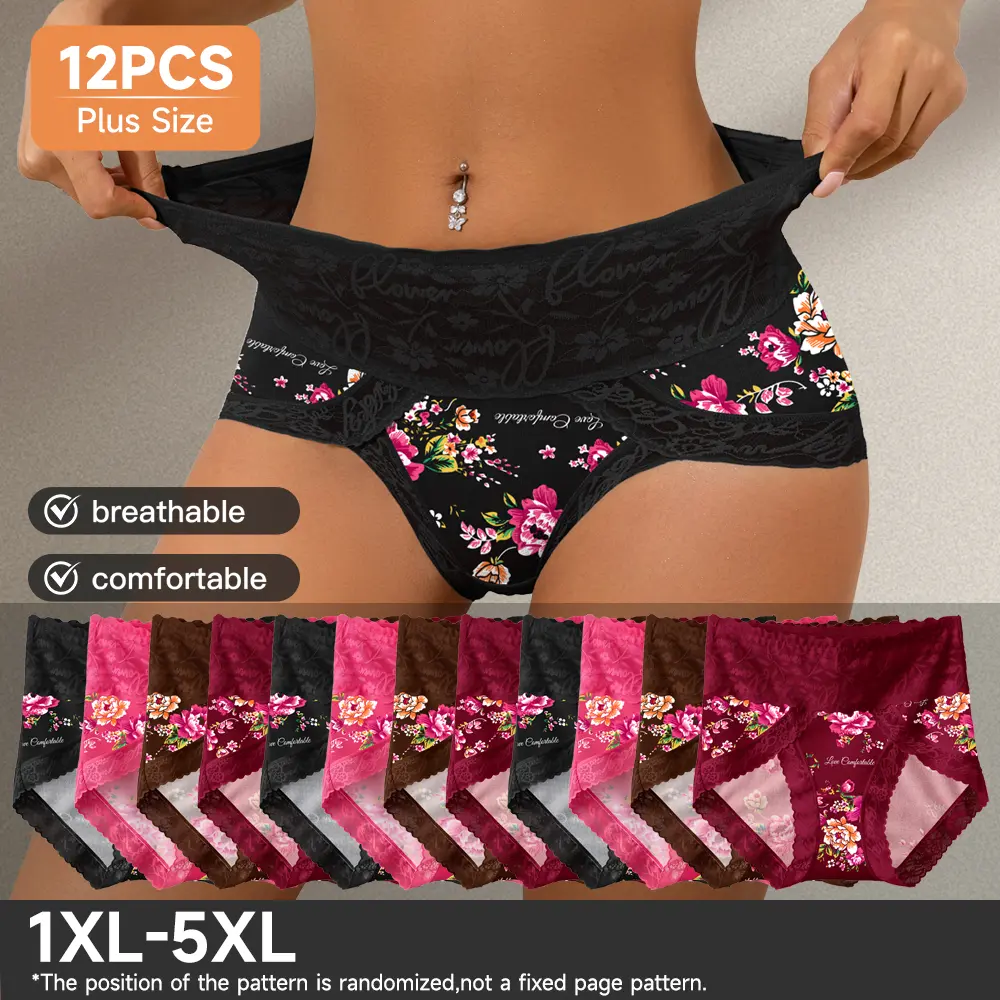4/8/12 Pairs Plus Size Assorted Color Women's Floral Contrast Lace Triangle Panties Set , Mid Waist Tummy Control Soft Breathable Cotton Stretchy Panties, Skin Friendly Comfort Fit for Daily or Date Night, TikTok Viral 1438Plus