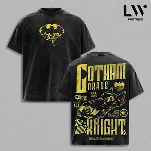 Retro Gotham Garage Batmobile T-Shirt, Washed Black Comics Streetwear Graphic Tee