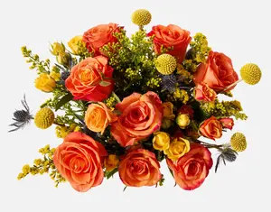 The Firecracker Bouquet - Fresh Cut Orange Roses, Yellow Thistle, and Craspedia Flowers