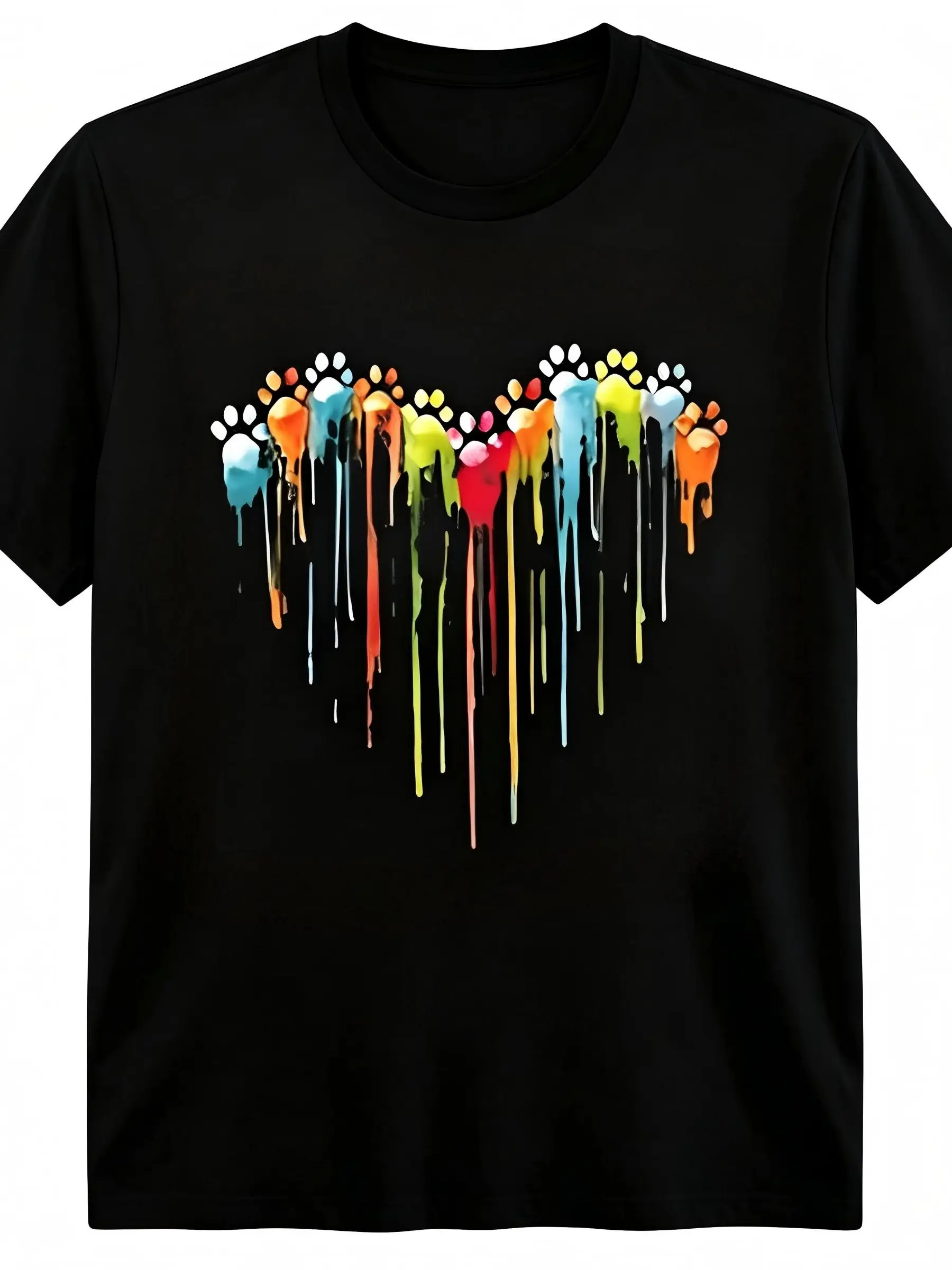 Rainbow Drip Paint Paw Print Unisex T-Shirt for Men & Women - Animal Heart Graphic, Soft Cotton Crew Neck Short Sleeve, Comfortable All-Season Tee, Perfect for Everyday Casual & Pet Lover Style, Summer Spring, Machine Washable