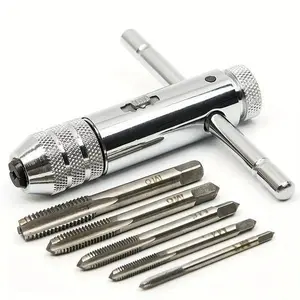 Ratchet T Handle Tap Wrench + 5pcs M3 M4 M5 M6 M8 Machine Screw Metric Thread Milling Plug T-shape Taps Set, Both Way Hand Tap Set Adjustable Manual Tapping Tool Kit for Home Use