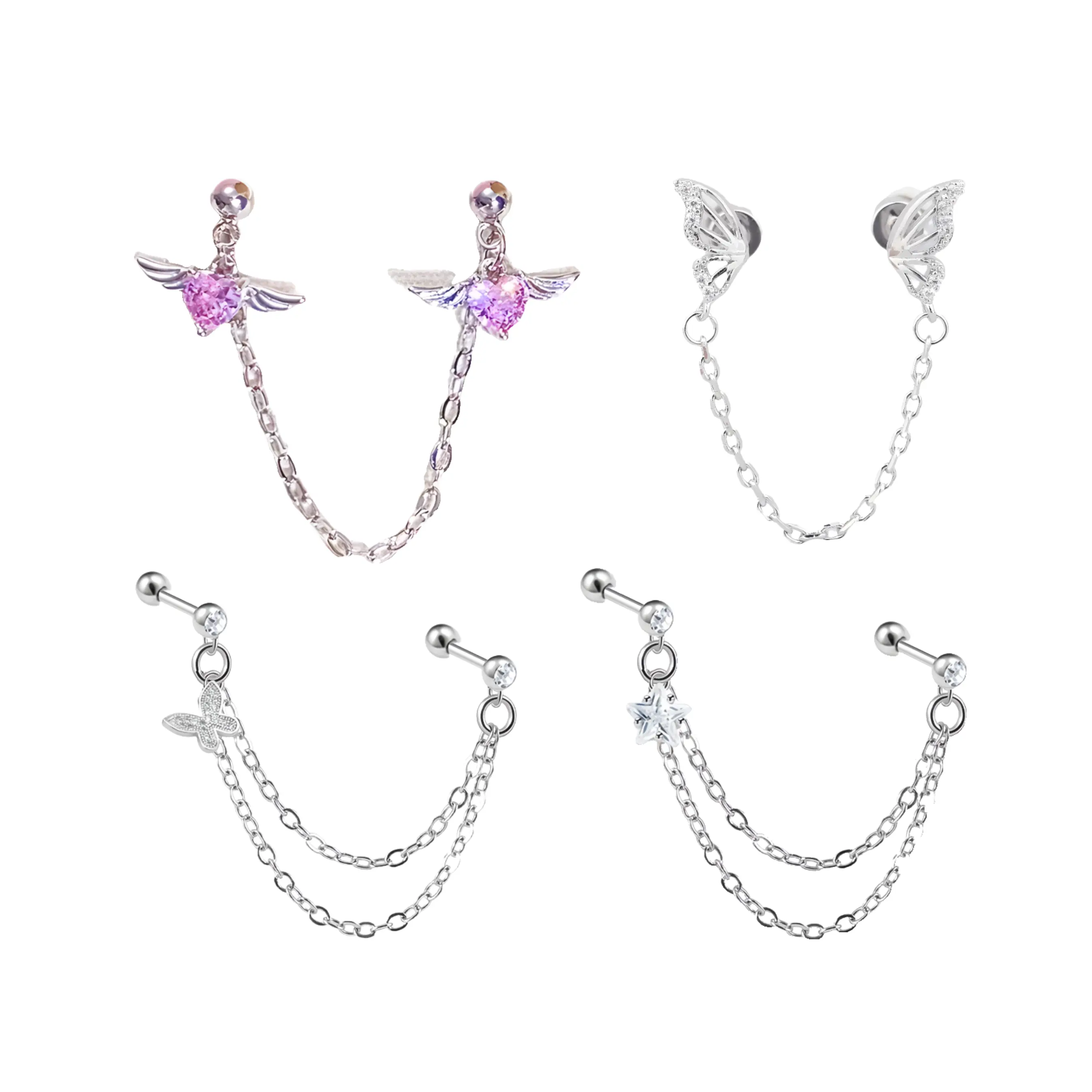 HERVAY 16G 20G 316L Titanium Micro-Inlaid Zircon Ear Cartilage Studs - Pink Winged Heart & Silver Butterfly Wings With Dainty Chain | For Helix Piercing