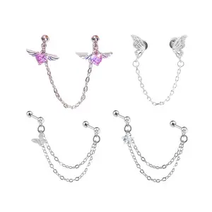 HERVAY 16G 20G 316L Titanium Micro-Inlaid Zircon Ear Cartilage Studs - Pink Winged Heart & Silver Butterfly Wings With Dainty Chain | For Helix Piercing