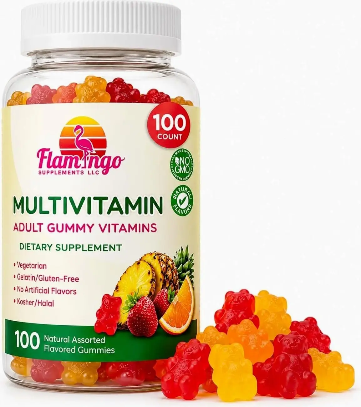 Flamingo Supplements Multivitamin Gummies | Vegan Friendly, Kosher Halal NO Gluten or Gelatin, no GMO| for Men, Women & Kids| 3 Natural Flavors | Vitamins C, B3, B12, Biotin, Zinc & More| 100 Gummies