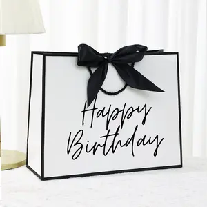 Happy Birthday Gift Bag, Large Bow Girlfriend Handbag, Paper Letter Printed, Lightweight Foldable, Ideal for Birthdays, Weddings, Valentines