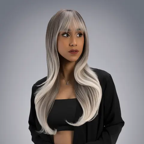 23-Inch Ash Platinum Blonde Ombre (Brown Roots) Wavy Synthetic Wig | 【Heat Resistant】 【Cap Included】 | #43FSGB