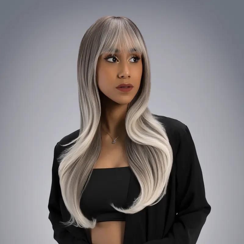 23-Inch Ash Platinum Blonde Ombre (Brown Roots) Wavy Synthetic Wig | 【Heat Resistant】 【Cap Included】 | #43FSGB