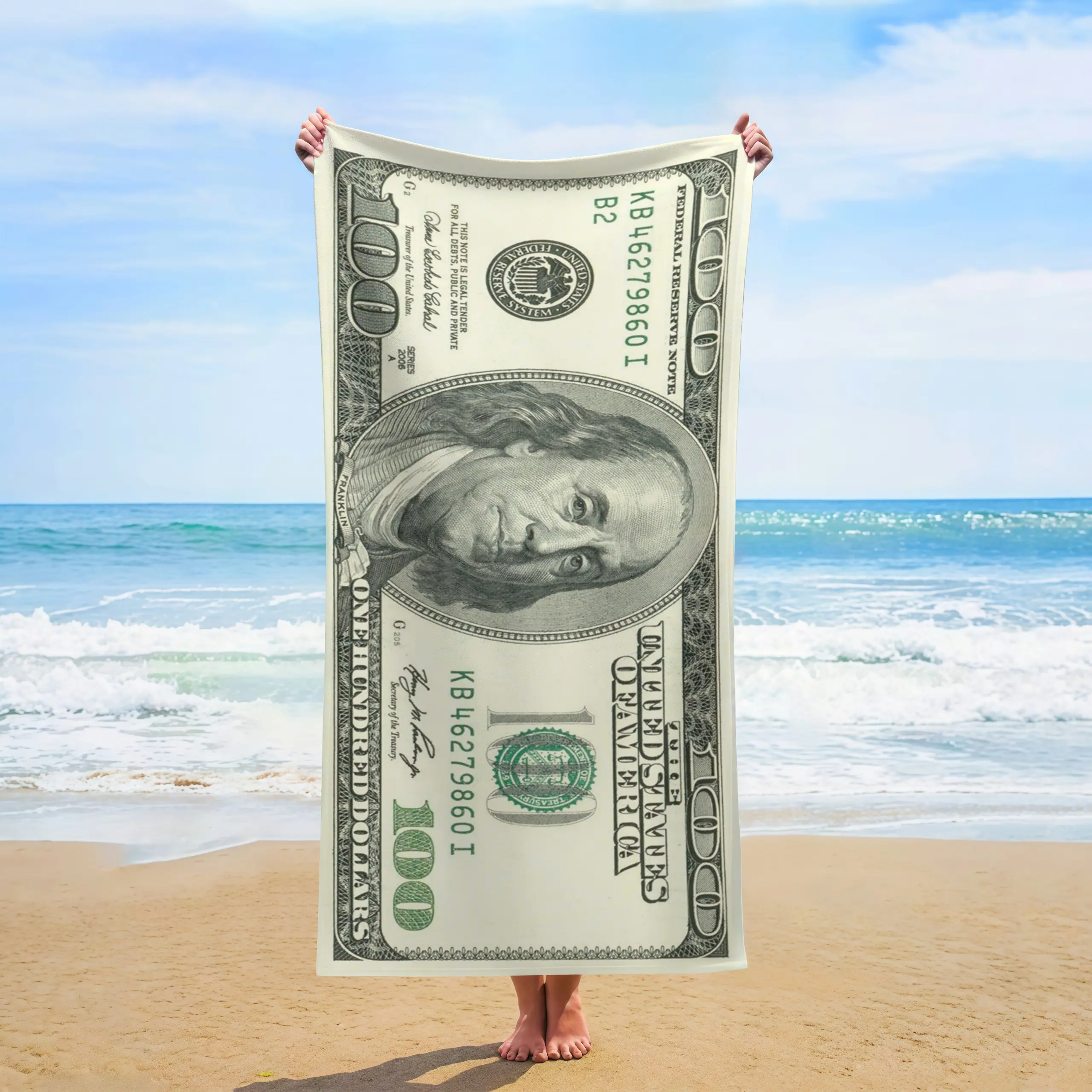 $100 Bill Beach Towel, Realistic Hundred Dollar Note Print, Quick-Dry Absorbent Towel for Pool Days, Summer Vibes & Cash Themed Fun