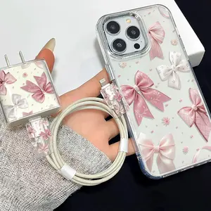 5 Piece Cute Bow Phone Case Set with Charger Head Cover, Cable Protector and Storage Rope, TPU Shockproof Case for iPhone Models 6-16
