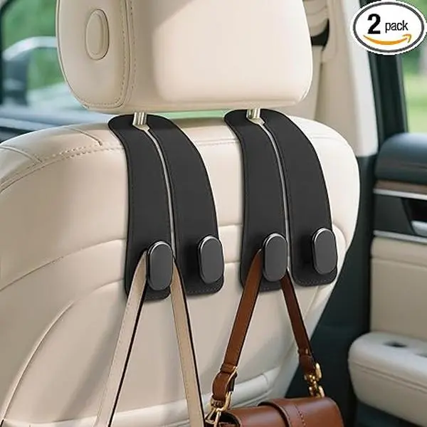 Universal Leather Car Headrest Hooks, 2-Pack – 360° Rotating Double Hooks, 7.8 Inches Long and 0.7 Inches Deep, 16 lb Load Capacity for Holding Purses, Compatible with Cars, SUVs, and Trucks