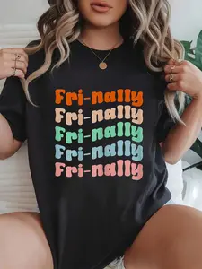 100% cotton Groovy Friyay Teacher Weekend Back To School For Teacher Printed T-shirt, Short-sleeved Crew Neck Casual Top, Suitable For All Seasons, Women's Wear