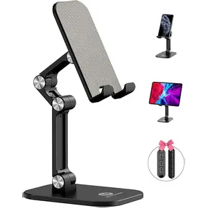 OCYCLONE Phone Stand, Adjustable Height and Angle Foldable Cell Phone Stand Holder for Desk, Taller iPhone Stand Compatible with 4.7"-13" Smartphones iPad Tablet, Black Mount Folding