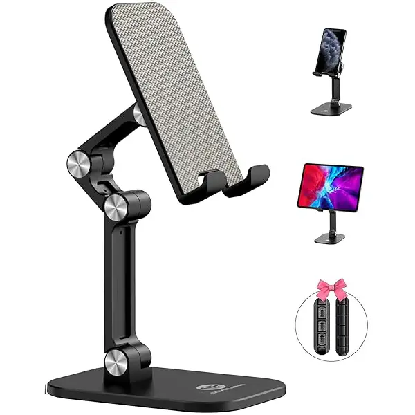 OCYCLONE Phone Stand, Adjustable Height and Angle Foldable Cell Phone Stand Holder for Desk, Taller iPhone Stand Compatible with 4.7"-13" Smartphones iPad Tablet, Black Mount Folding