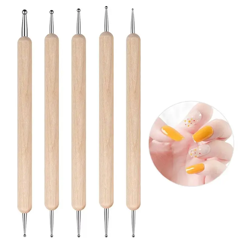 Nail Point Drill Pen Wooden Pen Bar Stirring Nail Polish Draw Five Petals Flower Polka Dot Double Head Stainless Bar Pen Nail Art