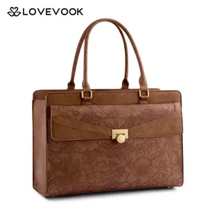 【Valentine's Day Gift】LOVEVOOK Laptop Tote Bag for Women - PU Leather Vintage Work Tote Bag,Waterproof Business Teacher Bag with Large Cup Holder,TikTokShopJumpstartSale