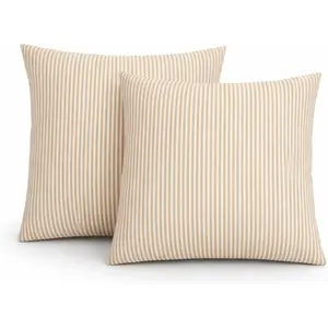 Outdoor Throw Pillows 2 Pack 18x18 Inch, Waterproof Fade-Resistant Grey White Stripe Patio Cushions for Garden (Beige)