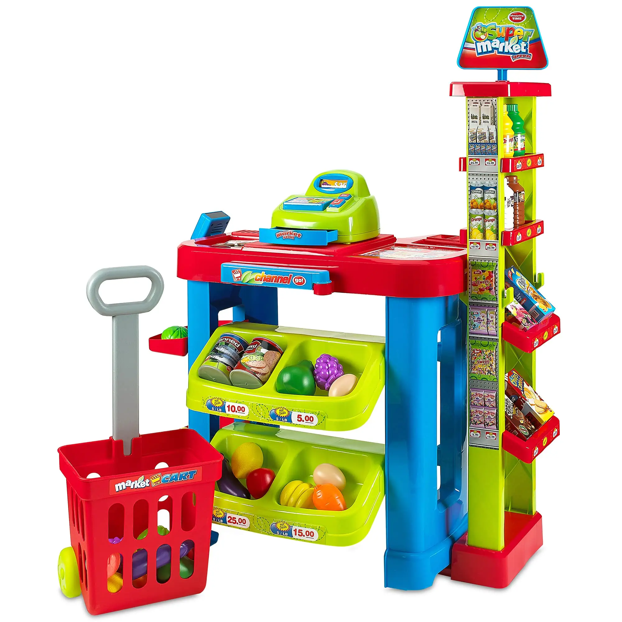 MEDca Creative Time Kids Supermarket Super Fun Playset with Shopping Cart Pretend Cooking Set Wooden Mud Kitchen
