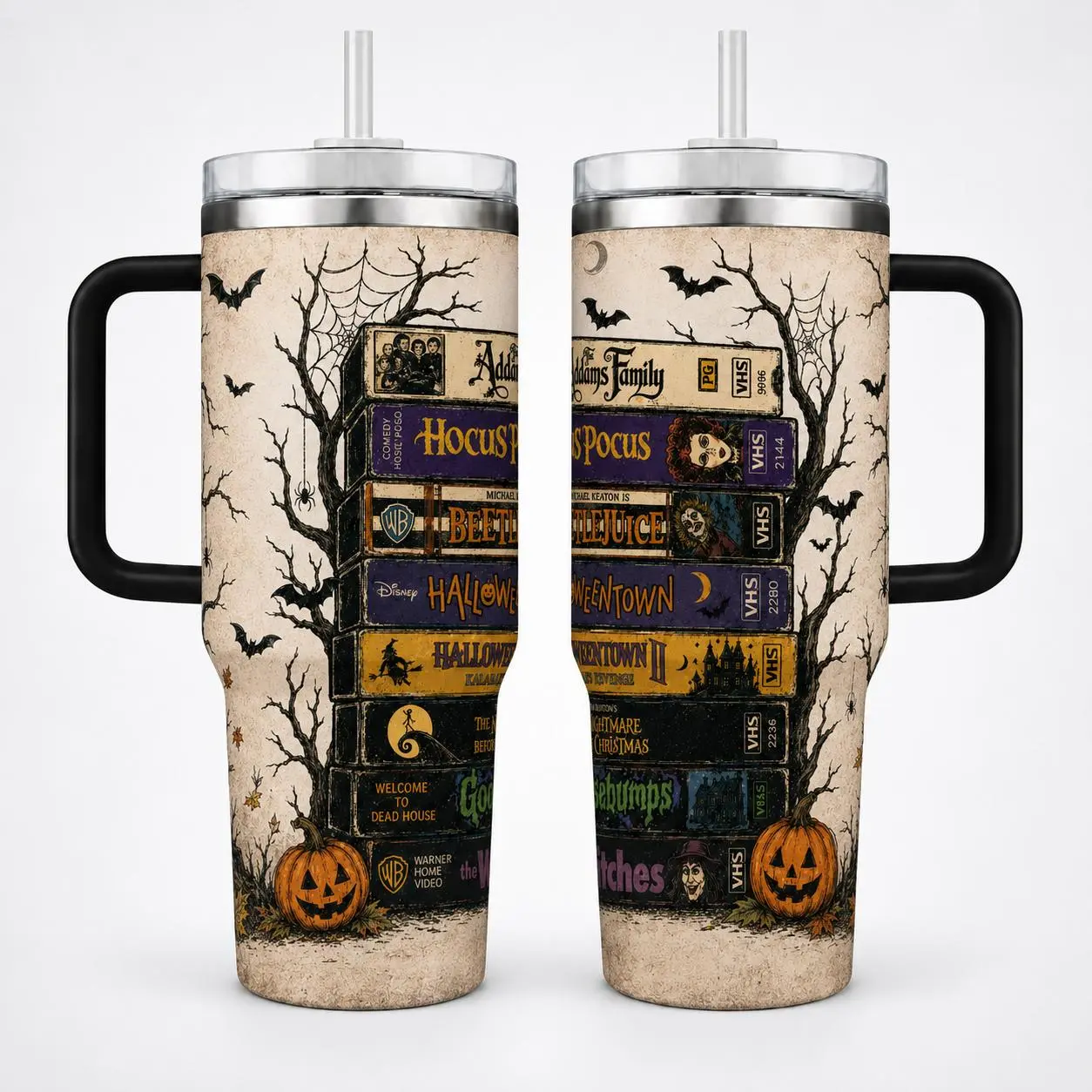 Vintage Halloween VHS 40oz Tumbler with Handle, Retro Spooky Movie Stack Cup, Horror Pumpkin Fall Gift for Scary Movie Lovers