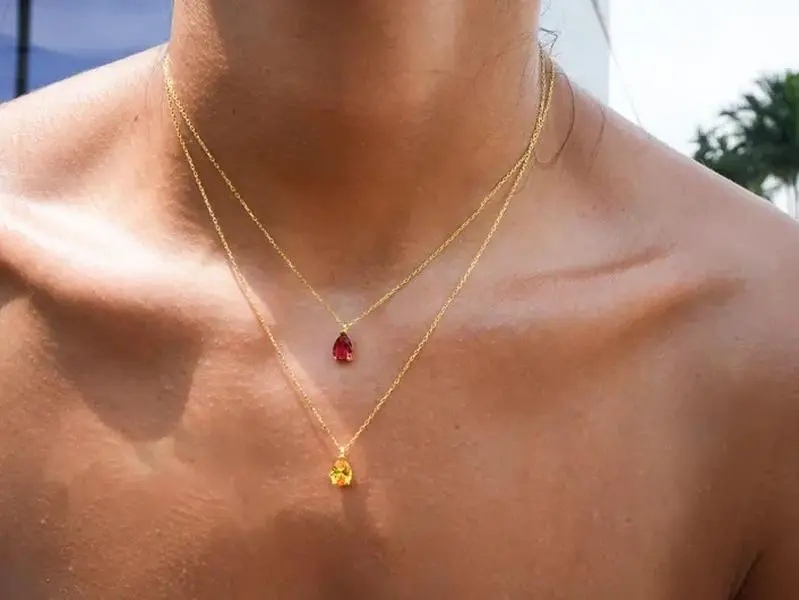 Dainty Ruby Red July Birthstone Jewelry Necklace - Rhodium-Plated Children's Necklace with Tiny Pear-Shaped Ruby Pendant & Teardrop Design
