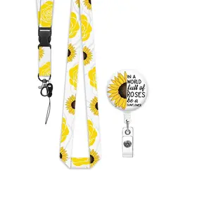 Sunflower Pattern ID Badge Holder with Badge Reel and Personalized Lanyard, Detachable Star Rainbow Design, Office Identification Tag Clip, Nurse Teacher Name Card Holder