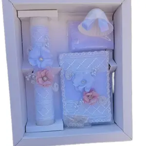 Baptism  Candle Set with 8”Candle, Rosary, New Testament & Decorative Elements in Box for Boys and Girls English & Spanish Ivory